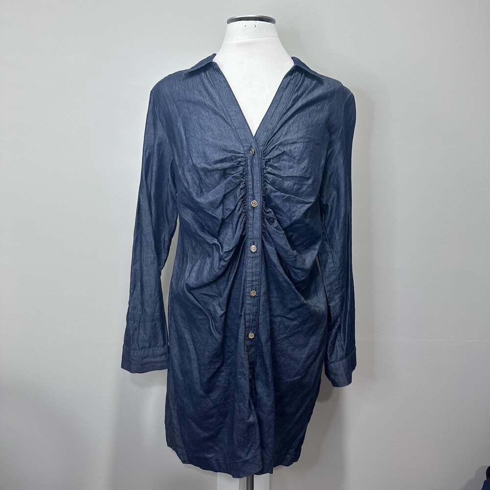 Michael Michael Kors Ruched Front Denim Lyocell Shirtdress in Indigo Rinse - Picture 2 of 6